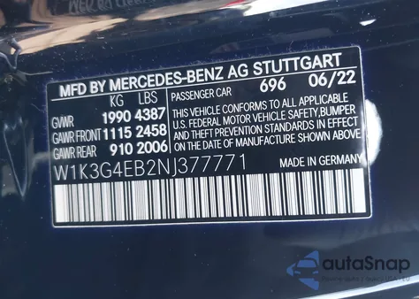 2022 Mercedes-Benz A 220 из США, поврежденный, VIN W1K3G4EB2NJ377771